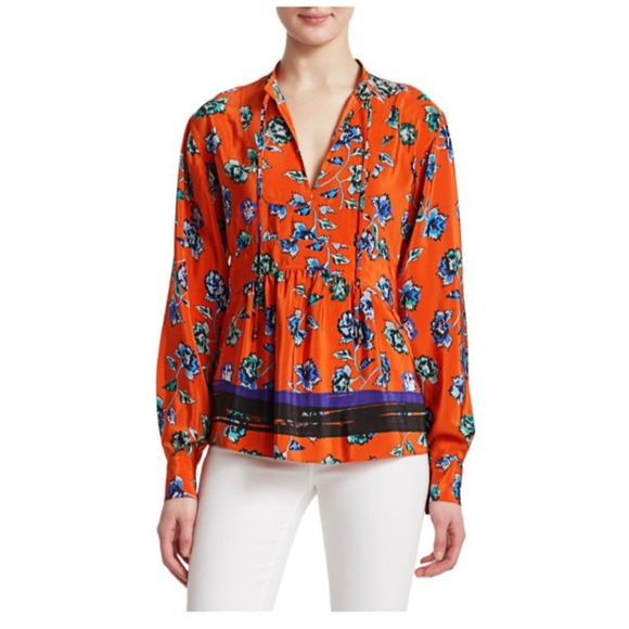 Derek Lam‎ 10 Crosby Womens Floral V-Neck Red Silk Blouse Top Sz 8 Flounce Hem - Picture 2 of 12